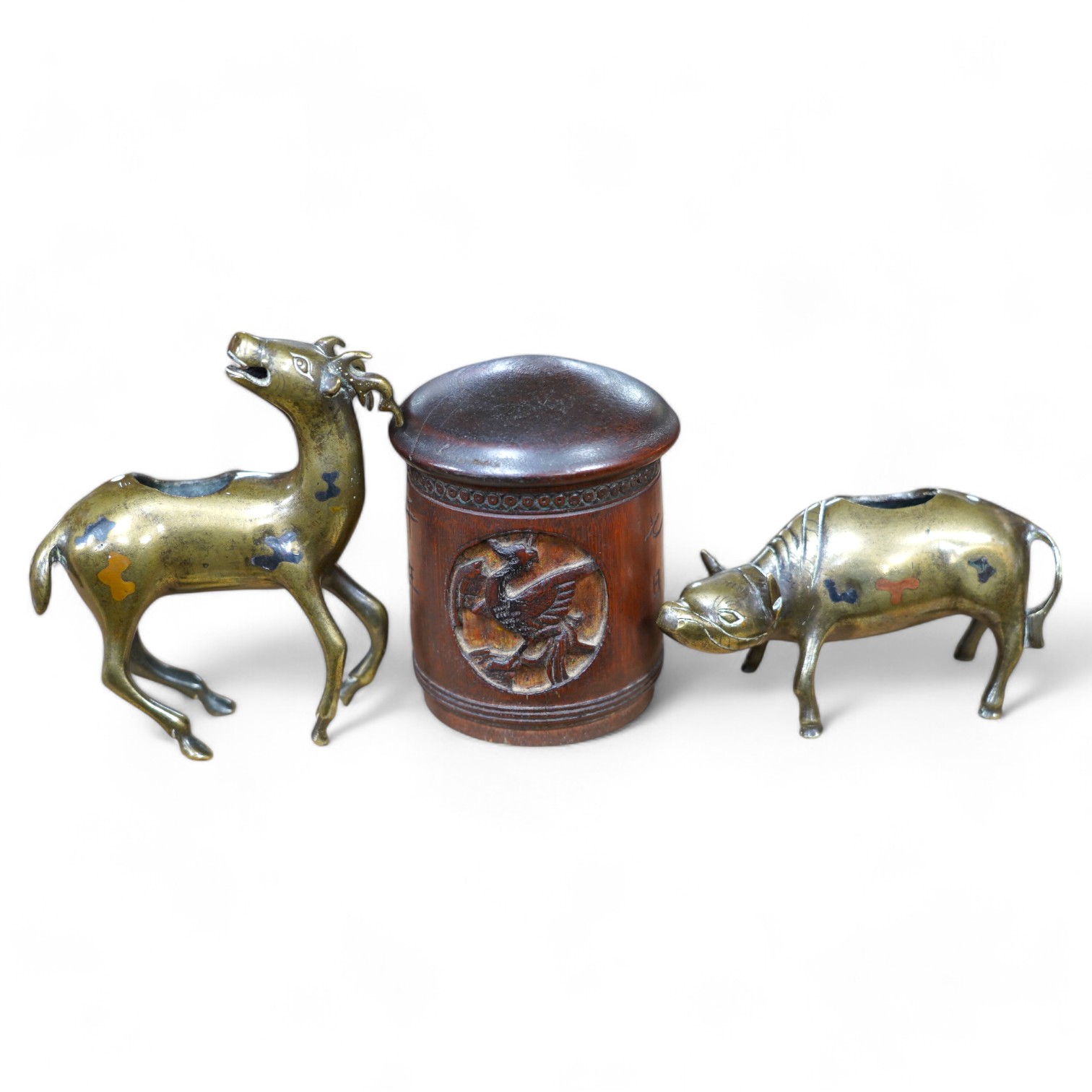 Two 19th century Chinese bronze, copper and silver inlaid censers in the form of animals and a bamboo tea caddy, largest 14cm high. Condition - fair